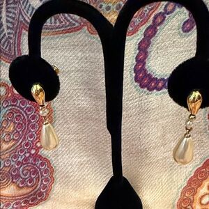 Vintage Napier Gold-Tone Faux Pearl Drop Clip-on Earrings